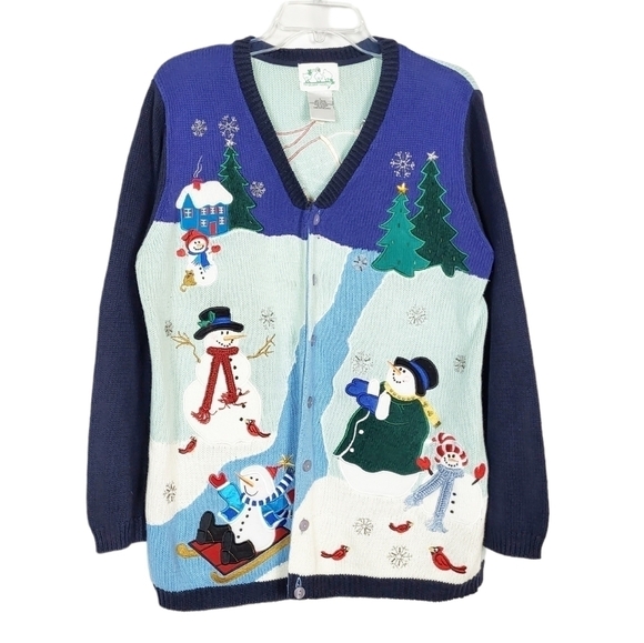VTG QUACKER FACTORY Snowmen Christmas cardigan ugly sweater - Picture 1 of 6